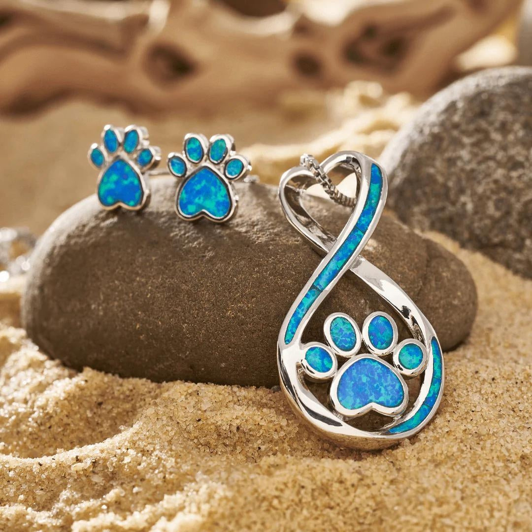 Oceanic Paw Necklace + Earrings Set in Blue Opal and Silver | Sustainable Ocean-Inspired Jewelry