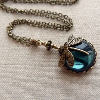 Vintage Green Stone Dragonfly Pendant Necklace