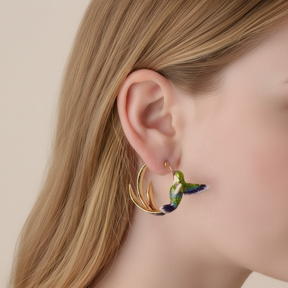 Vintage Enamel Hummingbird Hoop Earrings
