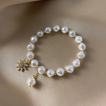Gold White Pearl & Sunflower Pendant Bracelet