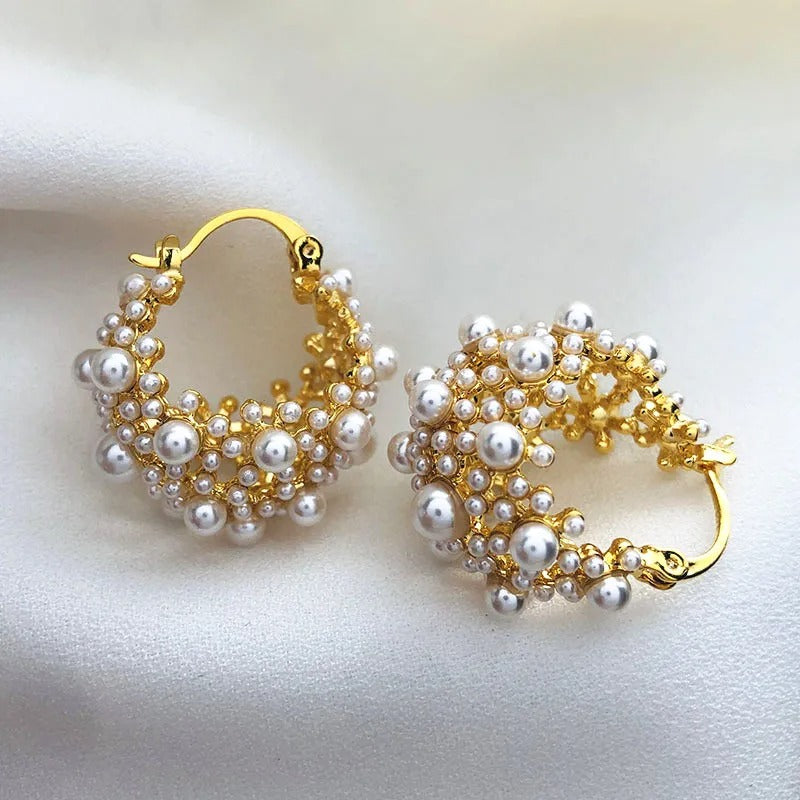 Vintage Gold Pearl Cluster Design Hoop Earrings