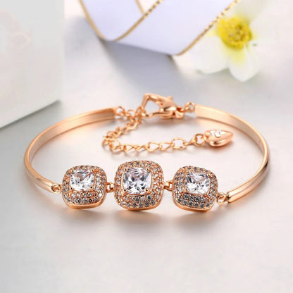 Vintage Rose Gold Triple Crystal Square Design Bracelet