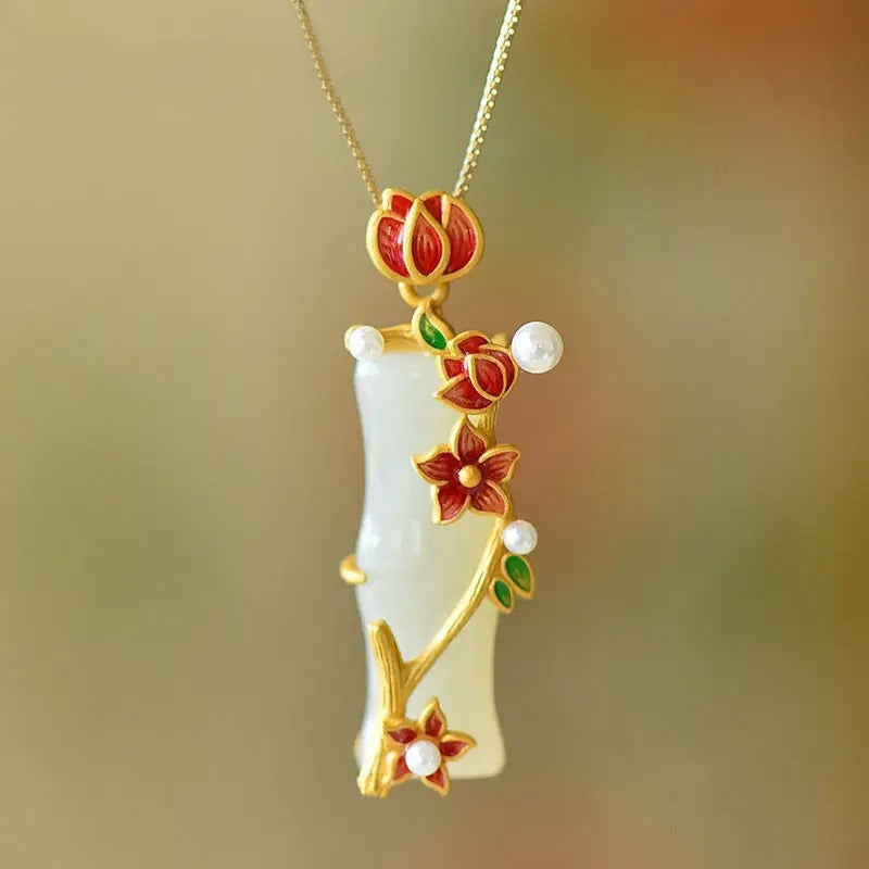 Classic Gold Red Blossom & Pearl Floral Pendant Necklace