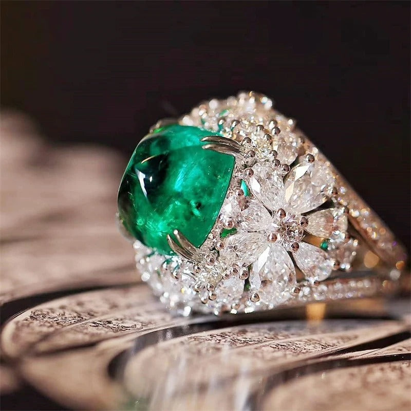 Vintage Green Stone & Diamond Floral Ring