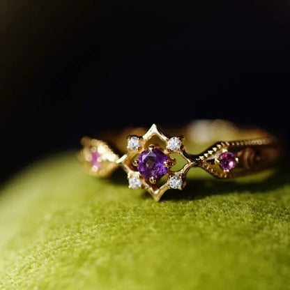 Vintage Gold & Amethyst Purple Crystal Geometric Adjustable Ring