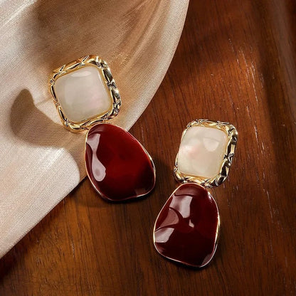 Gold Framed Mother of Pearl & Burgundy Earrings