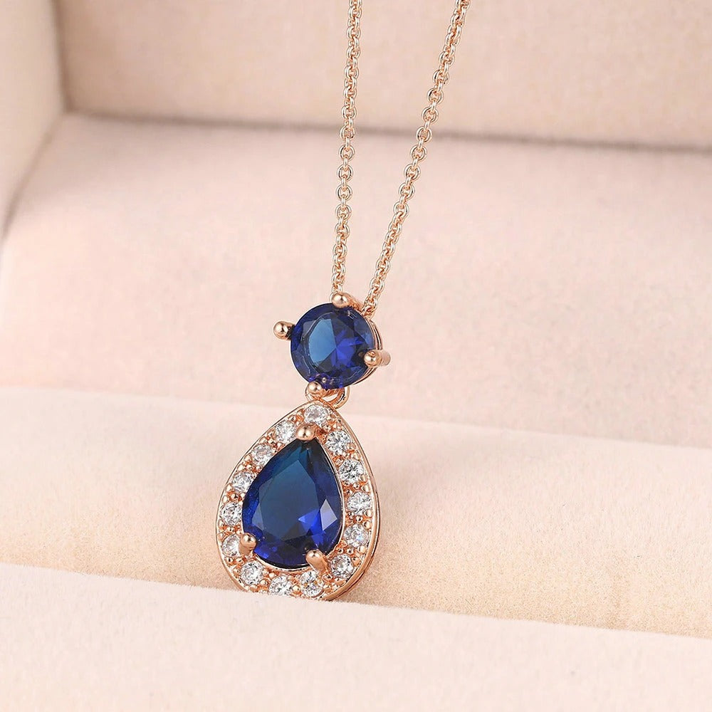 Antique Style Rose Gold Blue Oval Gem & Teardrop Pendant Necklace