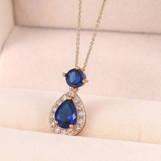 Antique Style Rose Gold Blue Oval Gem & Teardrop Pendant Necklace