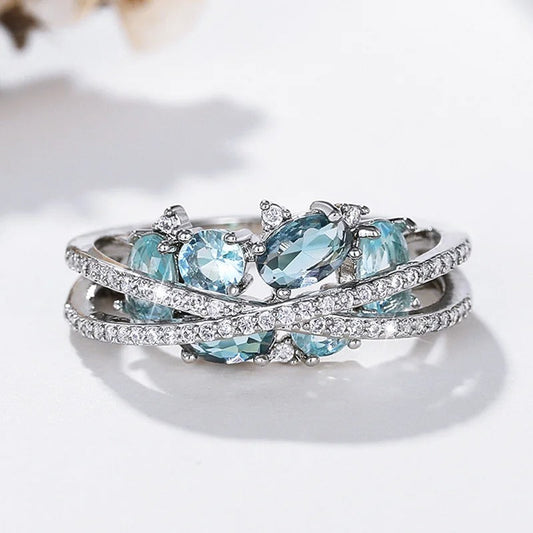 Silver Blue Gemstone Cross Ring
