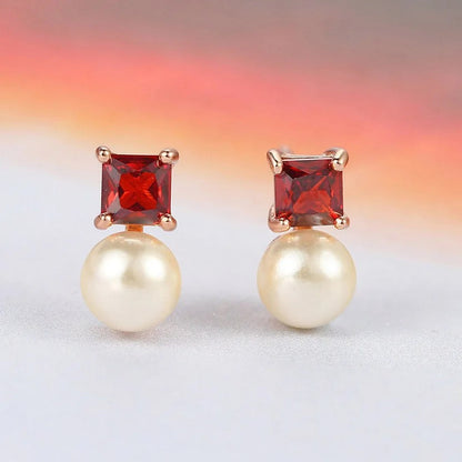 Classic Red Stone & Pearl Rose Gold Retro Charm Earrings