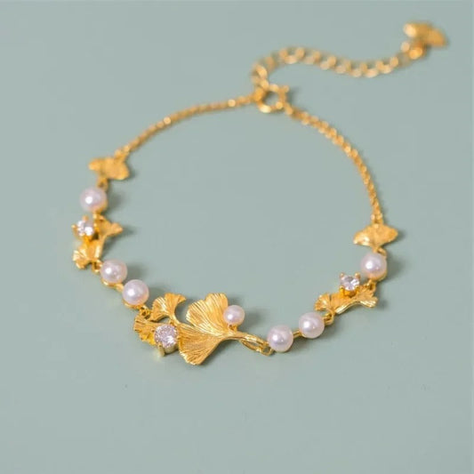 Classic Gold Ginkgo Leaf Pearl Bracelet