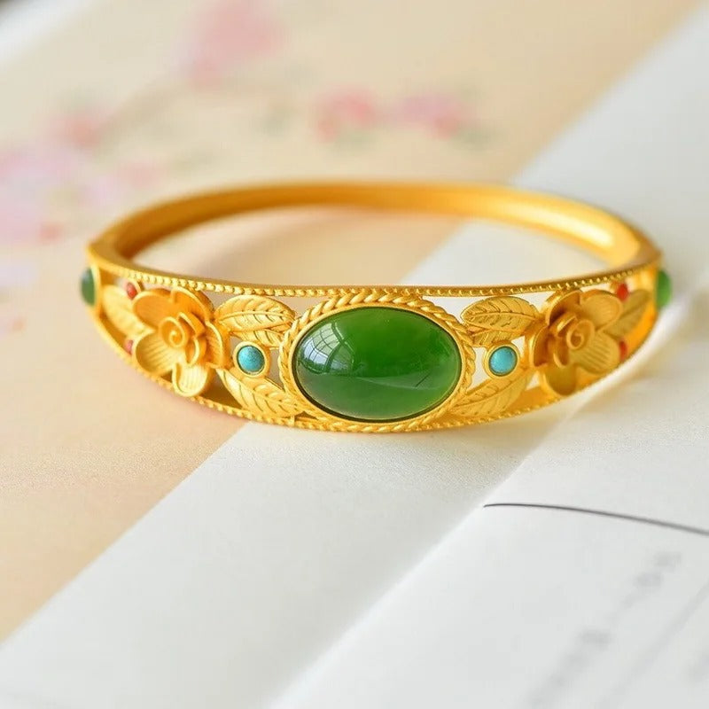 Timeless Gold Green Stone & Floral Bangle Bracelet