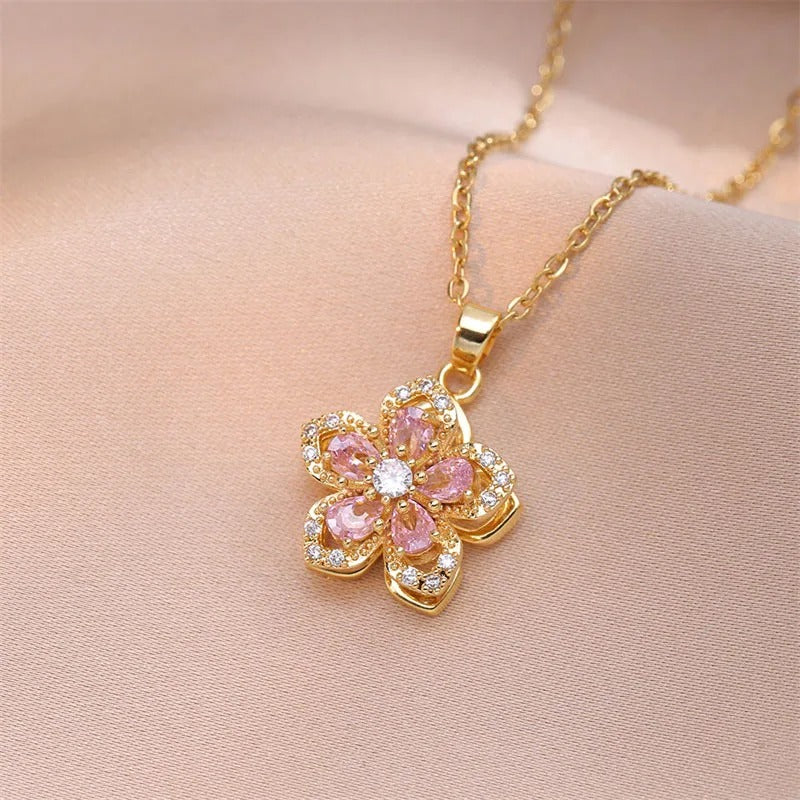 Gold Pink Crystal Flower Necklace