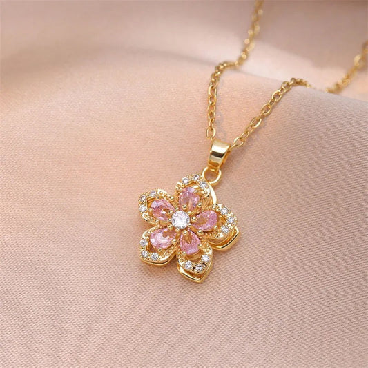 Gold Pink Crystal Flower Necklace