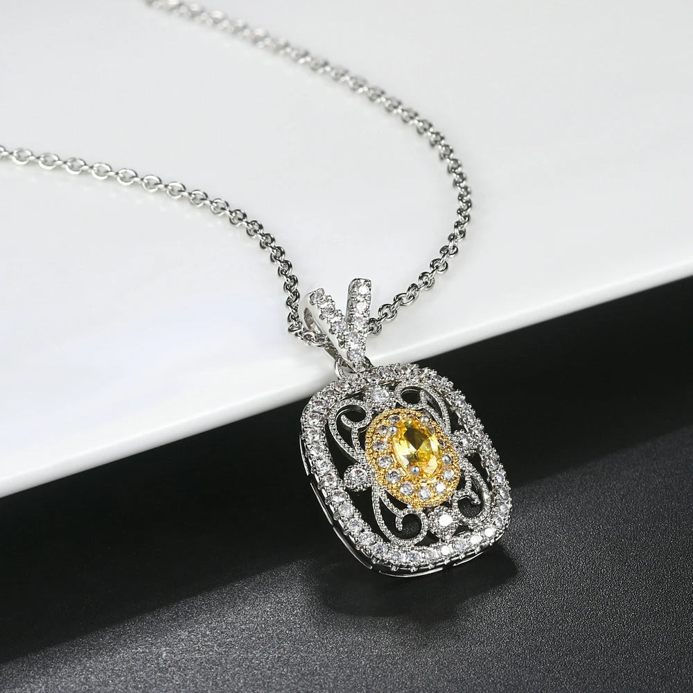 Retro Silver Yellow Gemstone & Crystal Surround Necklace