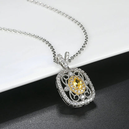 Retro Silver Yellow Gemstone & Crystal Surround Necklace