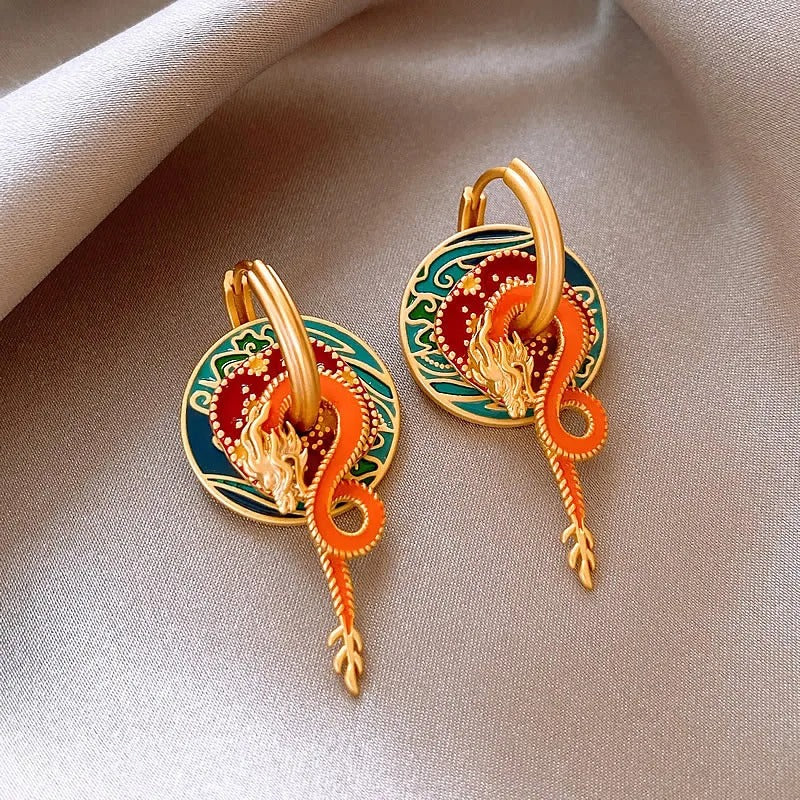 Classic Gold Colorful Dragon & Flame Design Earrings