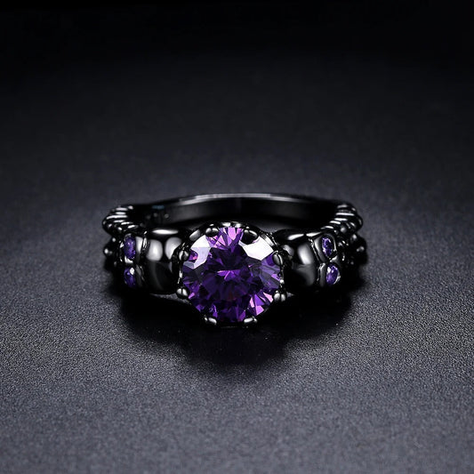 Vintage Black Round Purple Gemstone & Intricate Design Ring