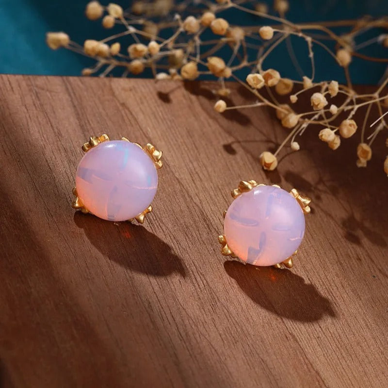 Classic Gold Pink Opal Stone & Delicate Floral Design Earrings