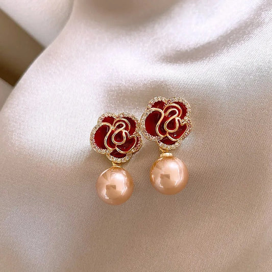Red Camellia Champagne Pearl Pendant Earrings
