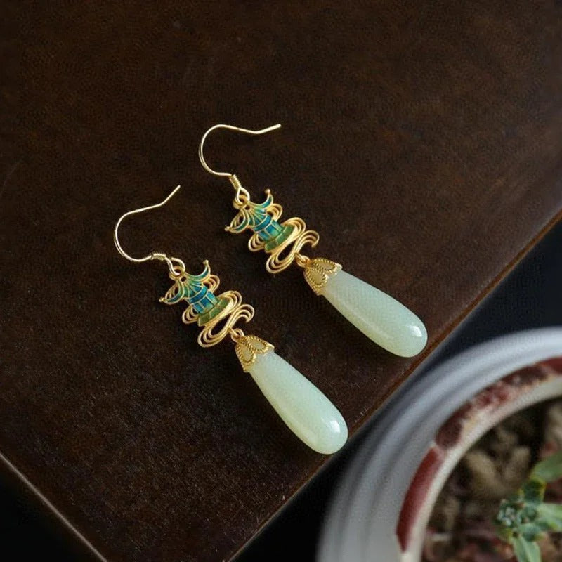 Classic Gold & Teal Drop Jade Earrings