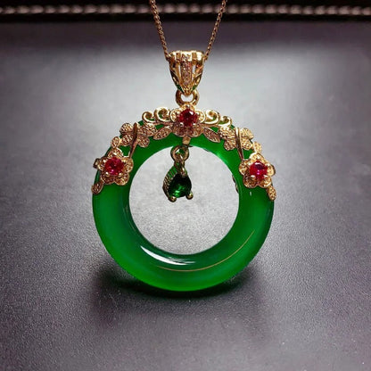 Classic Green Crystal Floral Ring Pendant Necklace