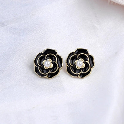 Black Enamel Flower Pearl Earrings