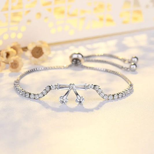 Vintage Silver Crystal Bow & Drop Pendant Bracelet