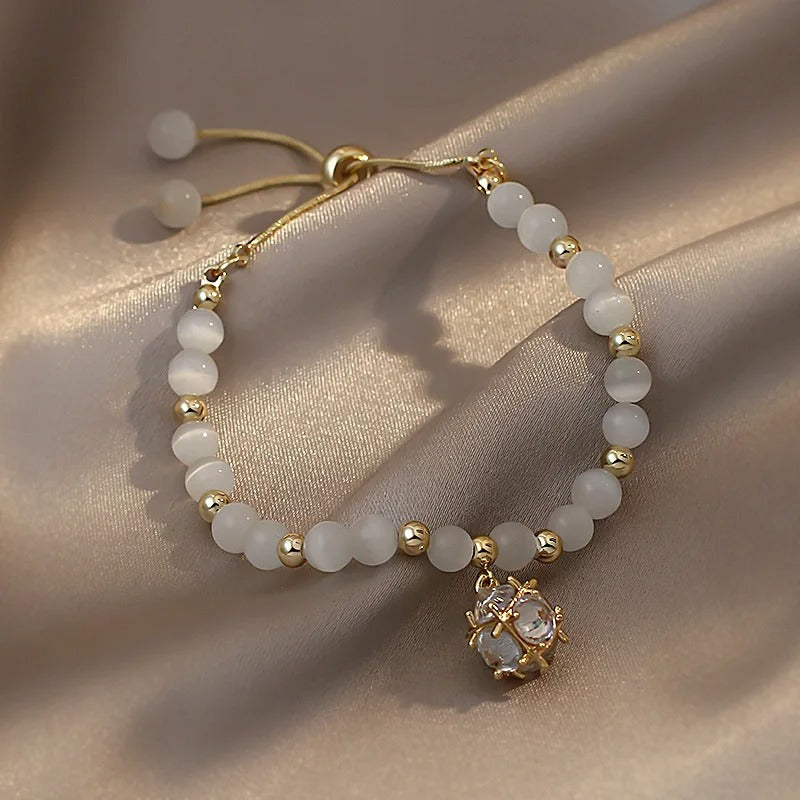 Gold White Beaded & Crystal Pendant Bracelet