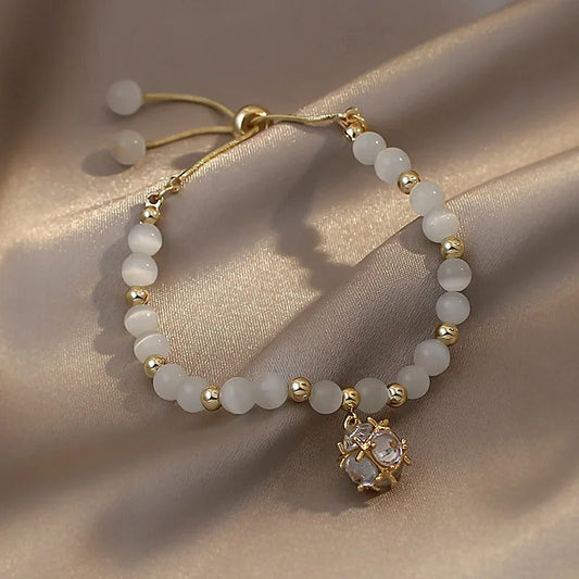 Gold White Beaded & Crystal Pendant Bracelet