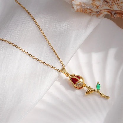 Vintage Gold Rose & Red Gemstone Necklace