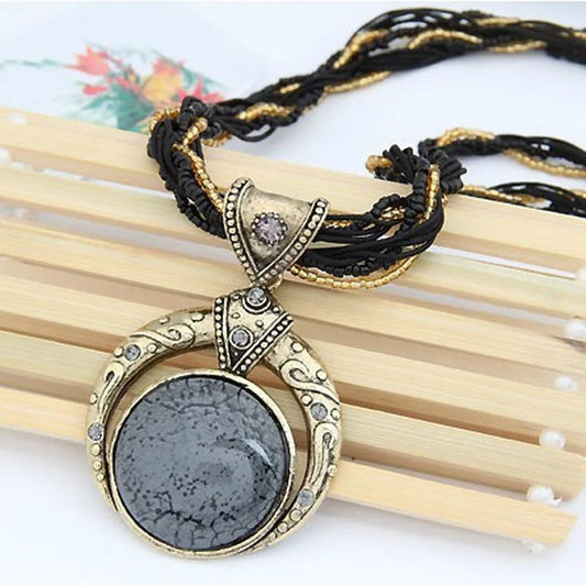 Vintage Beige Black Stone Bohemian Necklace
