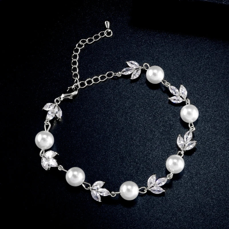 Silver Crystal Leaf & Pearl Bracelet