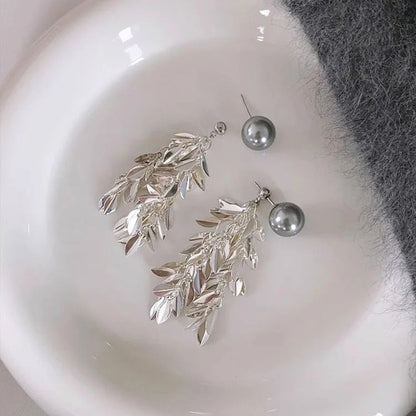 Silver Pearl Leaf Dangle Earrings