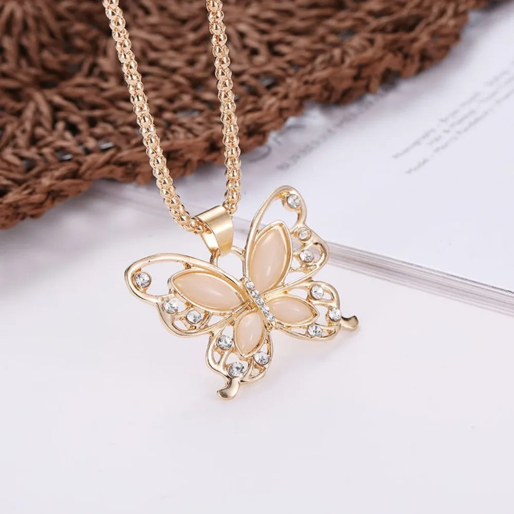 Gold Crystal Butterfly Pendant Necklace