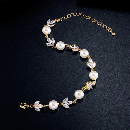 Vintage Pearl & Leaf Gold Bracelet