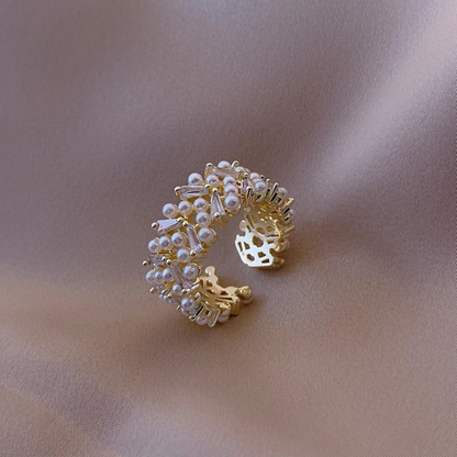 Vintage Pearl & Crystal Gold Adjustable Ring