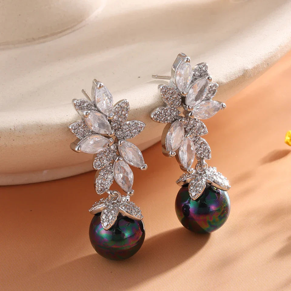 Silver Vintage Crystal & Dark Pearl Earrings