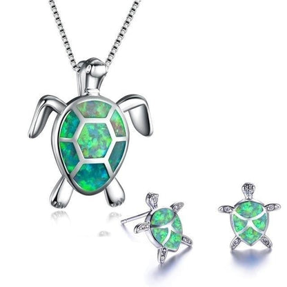 Sea Turtle Necklace + Earrings Set in Opal and Silver | Sustainable Ocean-Inspired Jewelry